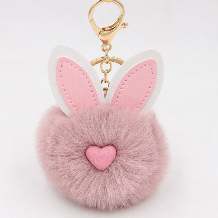 Wholesale Alloy Imitation Rex Rabbit Fur PU Leather Rabbit Ear Hair Ball Pom Pom Keychain JDC-KC-Zuge011 Keychains 祖格 bean paste / Wholesale Jewelry JoyasDeChina Joyas De China