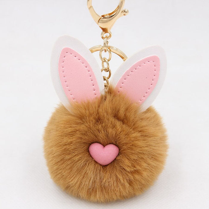 Wholesale Alloy Imitation Rex Rabbit Fur PU Leather Rabbit Ear Hair Ball Pom Pom Keychain JDC-KC-Zuge011 Keychains 祖格 brown / Wholesale Jewelry JoyasDeChina Joyas De China