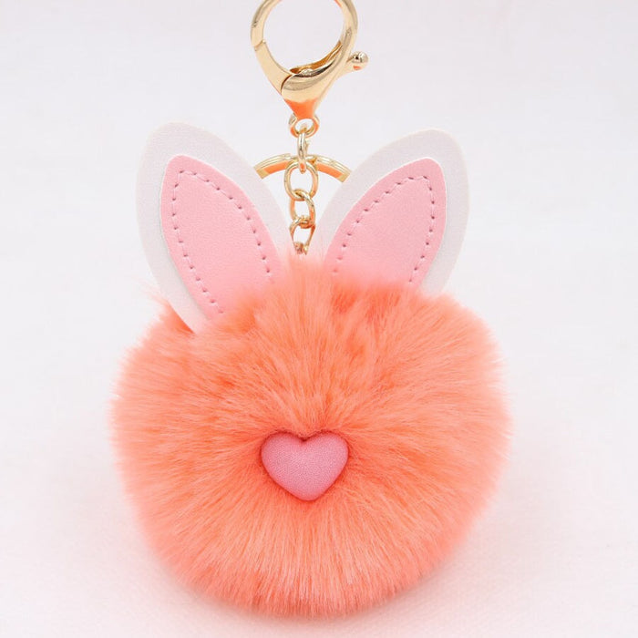 Wholesale Alloy Imitation Rex Rabbit Fur PU Leather Rabbit Ear Hair Ball Pom Pom Keychain JDC-KC-Zuge011 Keychains 祖格 orange red / Wholesale Jewelry JoyasDeChina Joyas De China