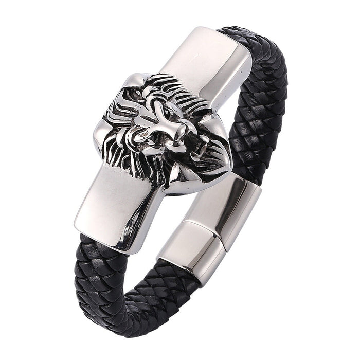 Wholesale black leather lion head stainless steel bracelet JDC-BT-RShen004 Bracelet 日盛 Wholesale Jewelry JoyasDeChina Joyas De China