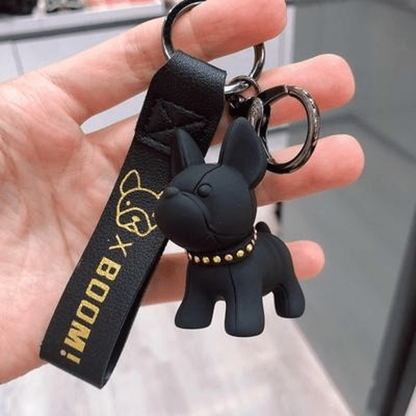 Wholesale black resin puppy french bulldog bronzing leather rope keychain JDC-KC-Gongz013 Keychains 宫泽 Wholesale Jewelry JoyasDeChina Joyas De China