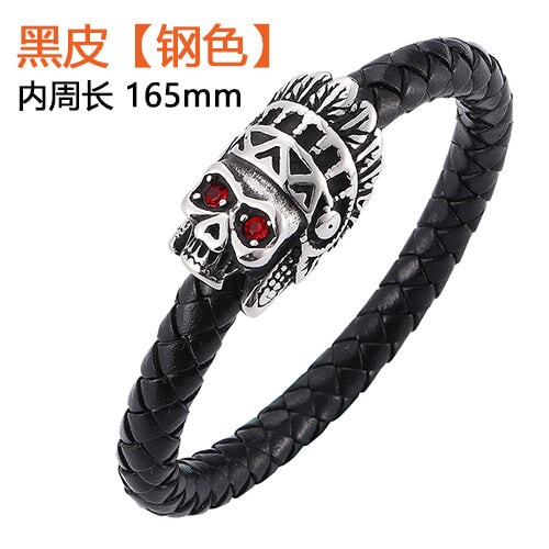 Wholesale Braided Leather Stainless Steel Magnetic Buckle Indian Head Bracelet JDC-BT-RShen012 Bracelet 日盛 black 165mm Wholesale Jewelry JoyasDeChina Joyas De China