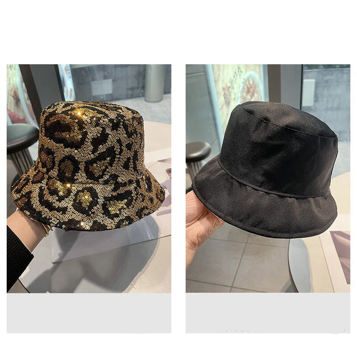 Wholesale Bucket Hat Double-sided leopard print sequined hat for women sun protection hat casual basin hat Hat JoyasDeChina Wholesale Jewelry JoyasDeChina Joyas De China