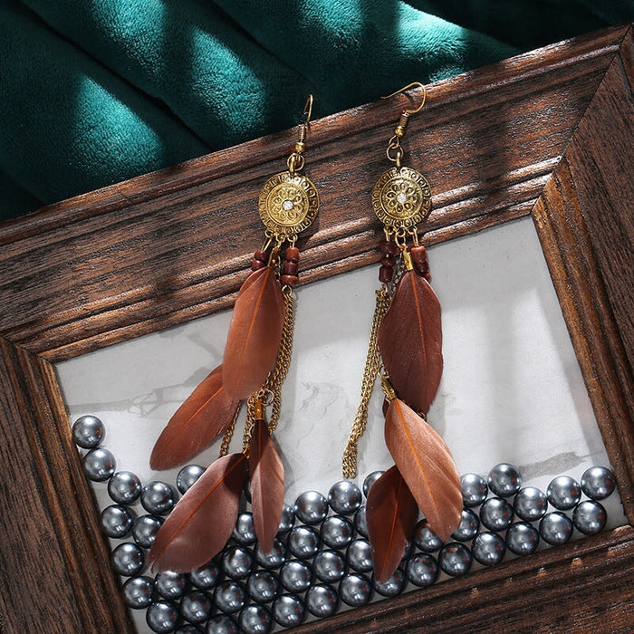 Wholesale Chain Tassel Alloy Boho Feather Earrings JDC-ES-Daiq003 Earrings 黛茜 DC1485-6 brown Wholesale Jewelry JoyasDeChina Joyas De China