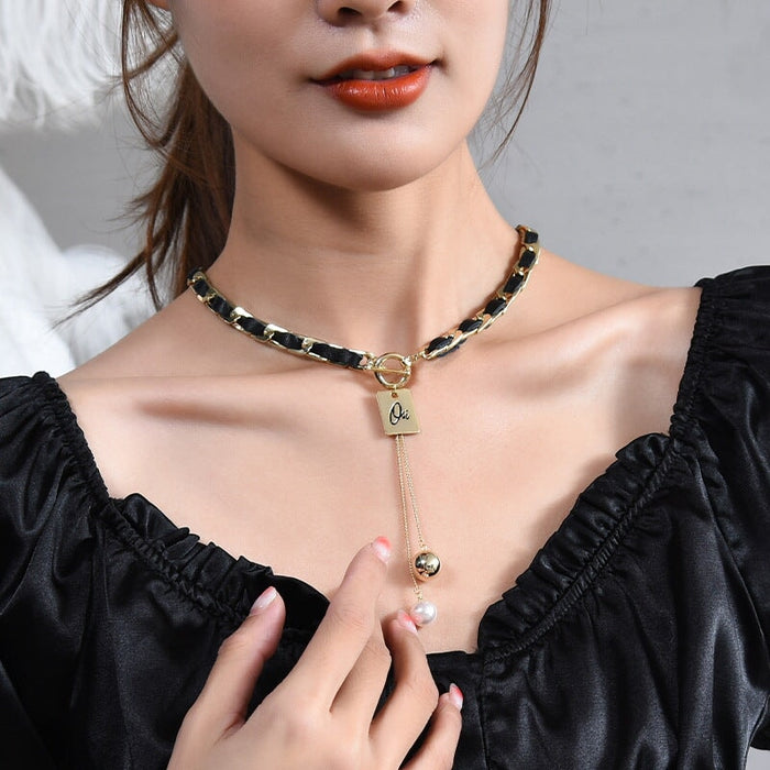 Wholesale cold wind gold alloy leather stitching necklace JDC-NE-Jiaow004 Necklaces 娇婉 Wholesale Jewelry JoyasDeChina Joyas De China