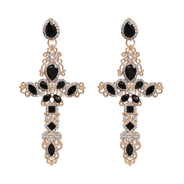 Wholesale cross alloy frame earrings JDC-ES-LIUM016 Earrings 榴芒 Gold + black Wholesale Jewelry JoyasDeChina Joyas De China