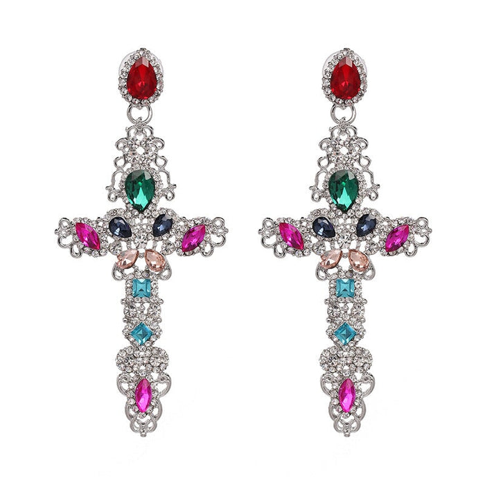 Wholesale cross alloy frame earrings JDC-ES-LIUM016 Earrings 榴芒 Silver + color Wholesale Jewelry JoyasDeChina Joyas De China