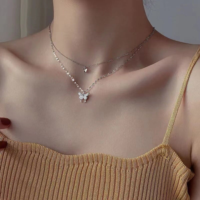 Wholesale diamond butterfly double-layer necklace women's geometric necklace simple clavicle chain Necklaces JoyasDeChina Wholesale Jewelry JoyasDeChina Joyas De China