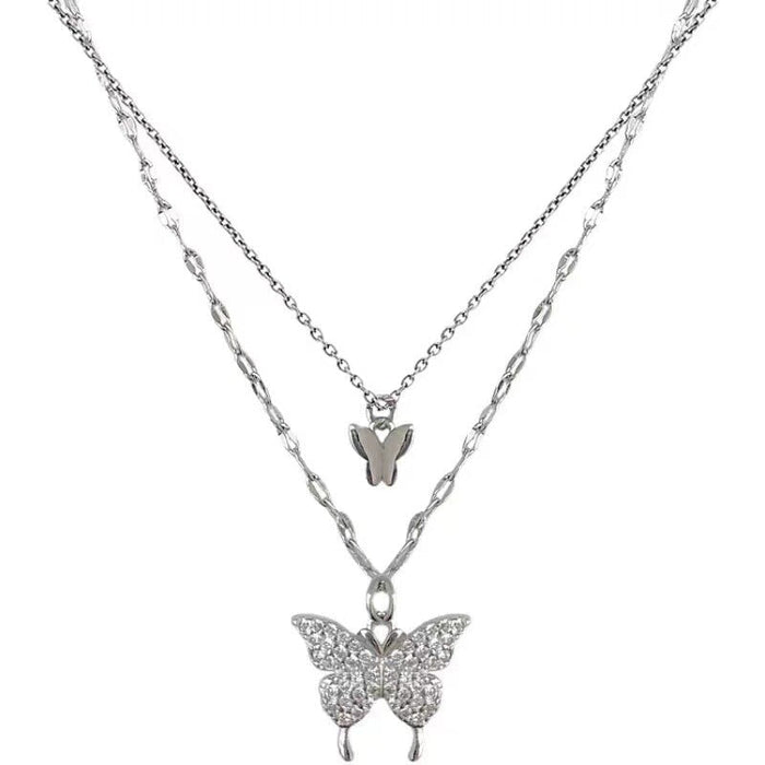 Wholesale diamond butterfly double-layer necklace women's geometric necklace simple clavicle chain Necklaces JoyasDeChina Wholesale Jewelry JoyasDeChina Joyas De China