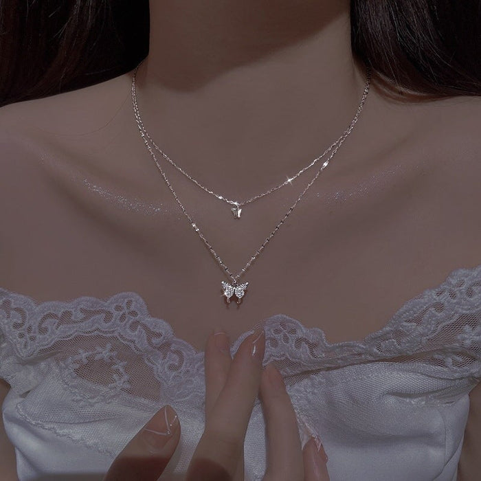 Wholesale diamond butterfly double-layer necklace women's geometric necklace simple clavicle chain Necklaces JoyasDeChina Wholesale Jewelry JoyasDeChina Joyas De China