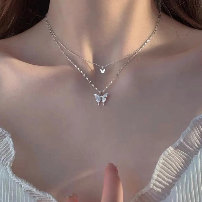 Wholesale diamond butterfly double-layer necklace women's geometric necklace simple clavicle chain Necklaces JoyasDeChina A224 (White Gold) 45CM + 5CM extension chain Wholesale Jewelry JoyasDeChina Joyas De China