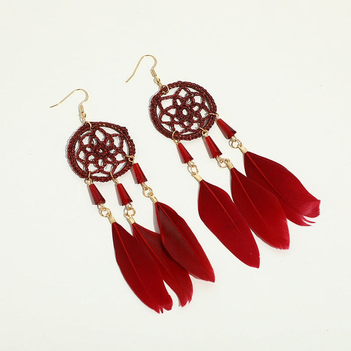 Wholesale Feather Tassel Plated Metal Dream Catcher Earrings JDC-ES-Daiq002 Earrings 黛茜 Wholesale Jewelry JoyasDeChina Joyas De China