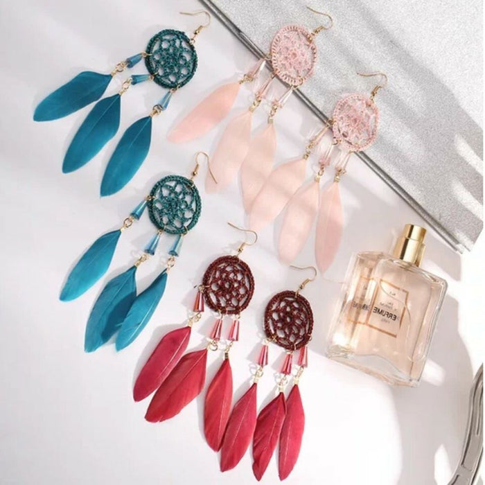 Wholesale Feather Tassel Plated Metal Dream Catcher Earrings JDC-ES-Daiq002 Earrings 黛茜 Wholesale Jewelry JoyasDeChina Joyas De China