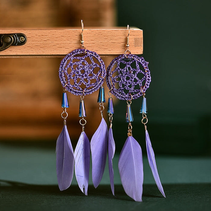 Wholesale Feather Tassel Plated Metal Dream Catcher Earrings JDC-ES-Daiq002 Earrings 黛茜 DC1437-5 purple Wholesale Jewelry JoyasDeChina Joyas De China