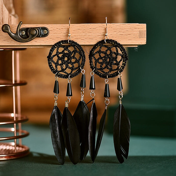 Wholesale Feather Tassel Plated Metal Dream Catcher Earrings JDC-ES-Daiq002 Earrings 黛茜 DC1437-6 black Wholesale Jewelry JoyasDeChina Joyas De China