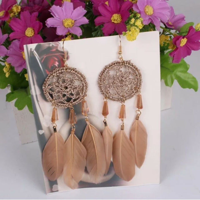 Wholesale Feather Tassel Plated Metal Dream Catcher Earrings JDC-ES-Daiq002 Earrings 黛茜 DC1437-8 brown Wholesale Jewelry JoyasDeChina Joyas De China