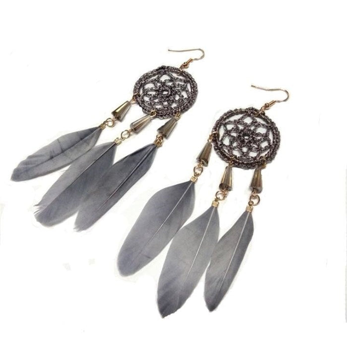 Wholesale Feather Tassel Plated Metal Dream Catcher Earrings JDC-ES-Daiq002 Earrings 黛茜 DC1437-9 grey Wholesale Jewelry JoyasDeChina Joyas De China