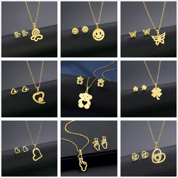 Wholesale Gold Geometric Bear Necklace Earrings Set Stainless Steel JDC-ES-MINGM015 Earrings 敏萌 Wholesale Jewelry JoyasDeChina Joyas De China