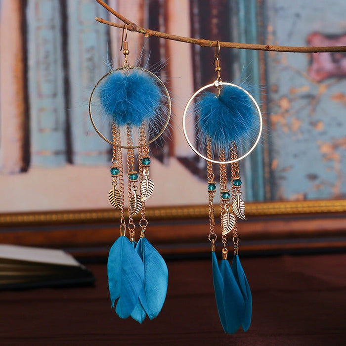 Wholesale Hairball Feather Alloy Tassel Earrings JDC-ES-Daiq007 Earrings 黛茜 DC1369-1 blue Wholesale Jewelry JoyasDeChina Joyas De China