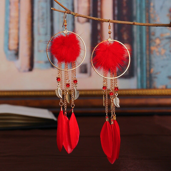 Wholesale Hairball Feather Alloy Tassel Earrings JDC-ES-Daiq007 Earrings 黛茜 DC1369-3 red Wholesale Jewelry JoyasDeChina Joyas De China