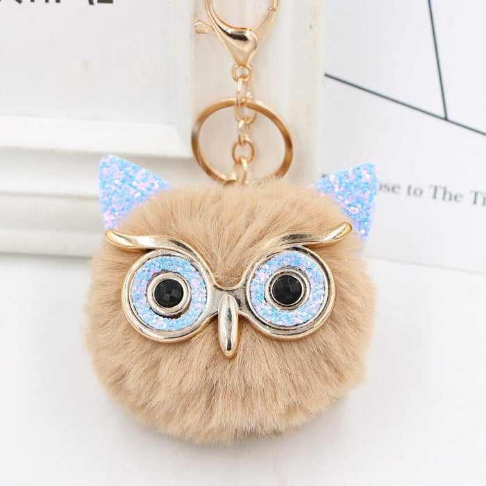 Wholesale Imitation Rex Rabbit Fur Big Eyes Sequined Owl Fur Ball Pom Pom Keychain JDC-KC-Zuge012 Keychains 祖格 Khaki-blue / Wholesale Jewelry JoyasDeChina Joyas De China