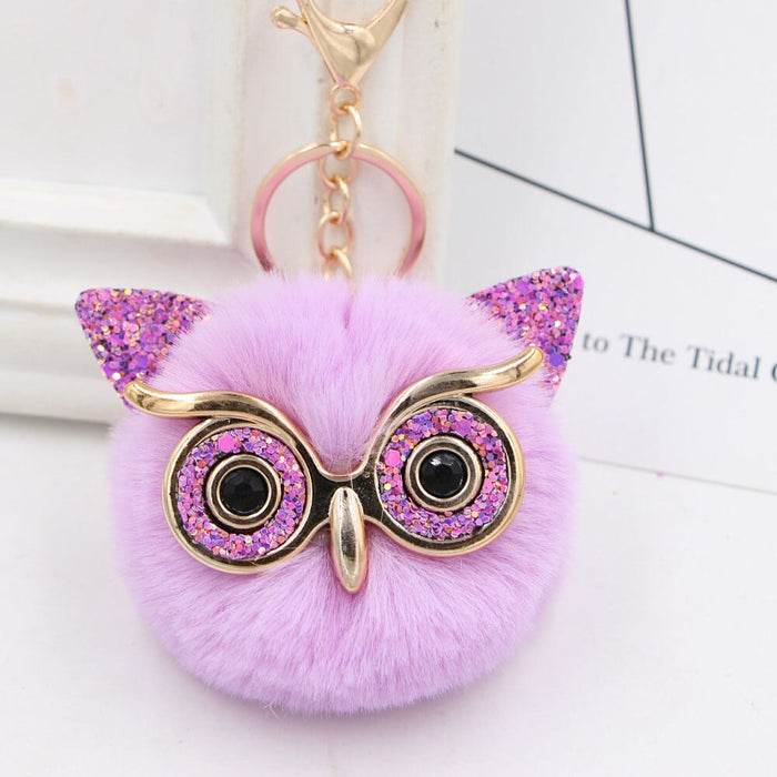 Wholesale Imitation Rex Rabbit Fur Big Eyes Sequined Owl Fur Ball Pom Pom Keychain JDC-KC-Zuge012 Keychains 祖格 Taro purple-purple / Wholesale Jewelry JoyasDeChina Joyas De China