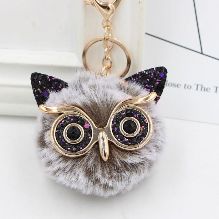 Wholesale Imitation Rex Rabbit Fur Big Eyes Sequined Owl Fur Ball Pom Pom Keychain JDC-KC-Zuge012 Keychains 祖格 Two-tone grey-black / Wholesale Jewelry JoyasDeChina Joyas De China