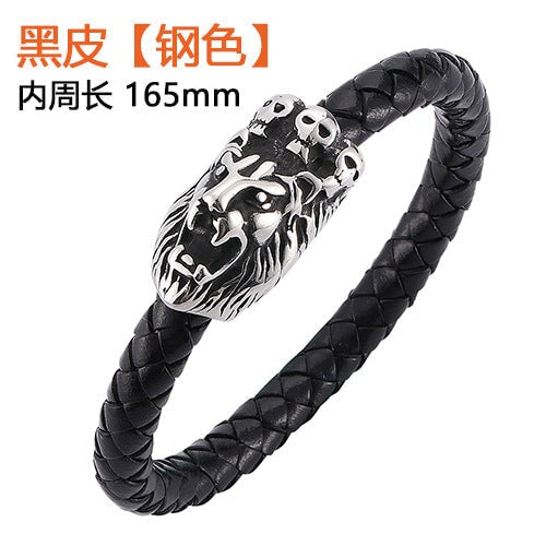 Wholesale Leather Braided Lion Stainless Steel Bracelet JDC-BT-RShen028 Bracelet 日盛 black 165mm Wholesale Jewelry JoyasDeChina Joyas De China