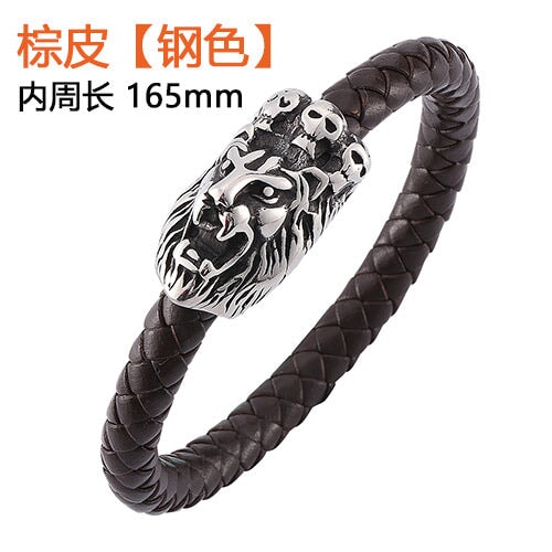 Wholesale Leather Braided Lion Stainless Steel Bracelet JDC-BT-RShen028 Bracelet 日盛 brown 165mm Wholesale Jewelry JoyasDeChina Joyas De China