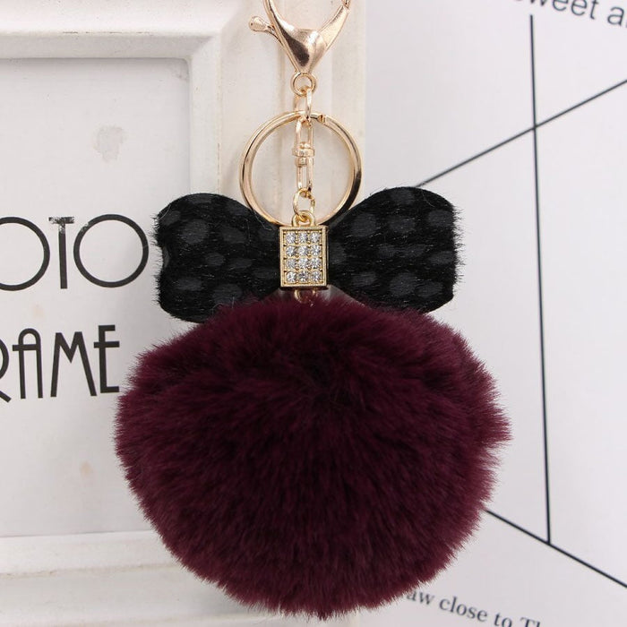 Wholesale Leopard Print Bow Imitation Rex Rabbit Fur Ball Alloy Pom Pom Keychain JDC-KC-Zuge010 Keychains 祖格 Fuchsia-Black / Wholesale Jewelry JoyasDeChina Joyas De China