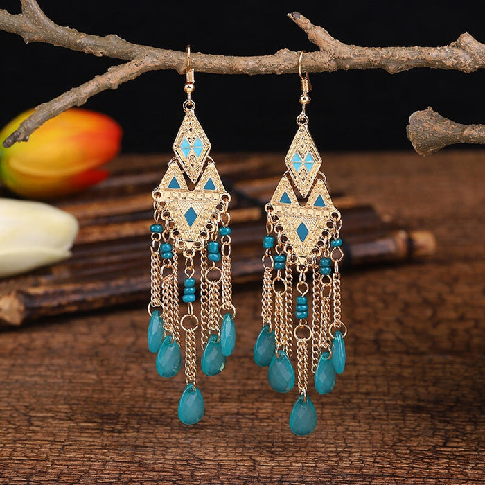 Wholesale Long Rice Bead Metal Chain Earrings JDC-ES-Daiq012 Earrings 黛茜 E1823-6 blue Wholesale Jewelry JoyasDeChina Joyas De China