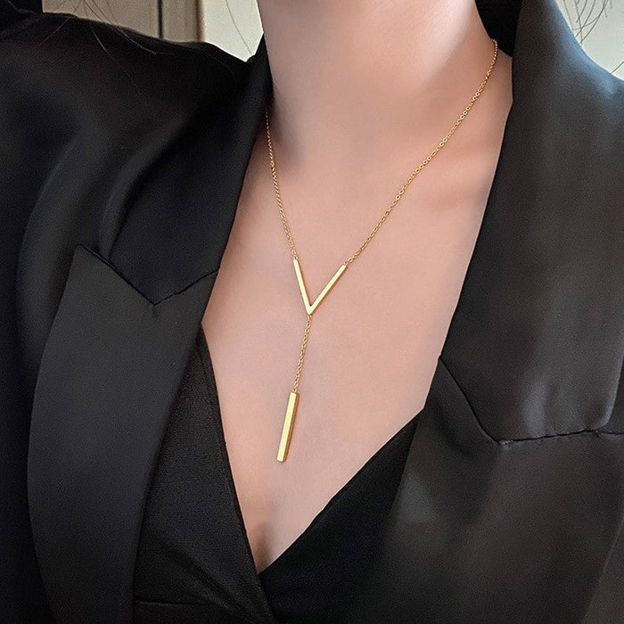 Wholesale long women's necklace elegant sweater chain V-shaped long pendant titanium steel necklace for women Necklaces JoyasDeChina 5954301 Wholesale Jewelry JoyasDeChina Joyas De China