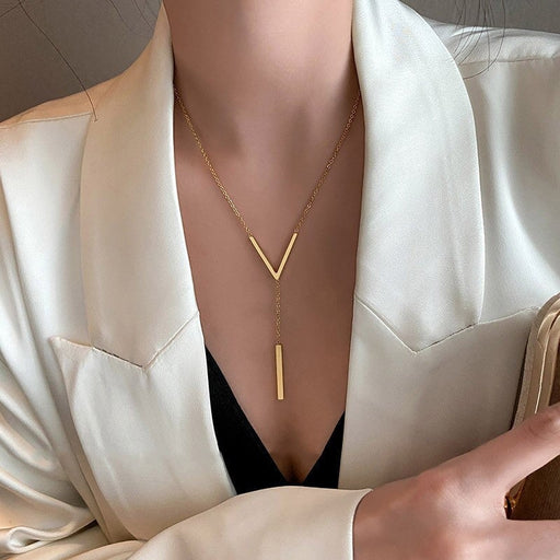 Wholesale long women's necklace elegant sweater chain V-shaped long pendant titanium steel necklace for women Necklaces JoyasDeChina Wholesale Jewelry JoyasDeChina Joyas De China