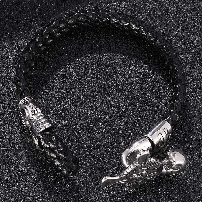 Wholesale Men's Leather Braided Rope Cross Skull Stainless Steel Bracelet JDC-BT-RShen020 Bracelet 日盛 165mm Wholesale Jewelry JoyasDeChina Joyas De China