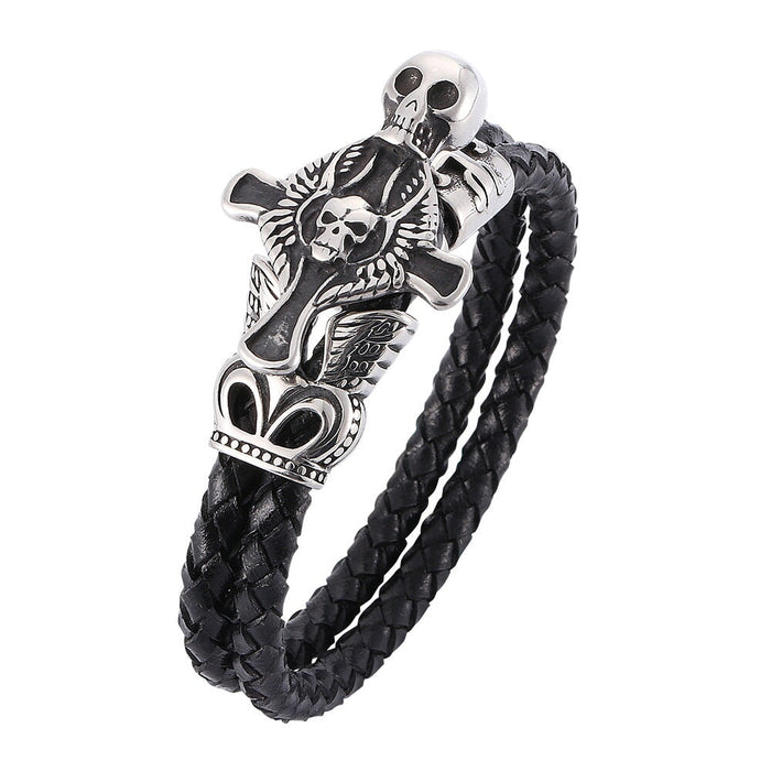 Wholesale Men's Leather Braided Rope Cross Skull Stainless Steel Bracelet JDC-BT-RShen020 Bracelet 日盛 Wholesale Jewelry JoyasDeChina Joyas De China