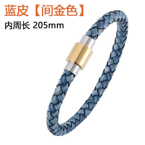 Wholesale Men's Leather Braided Stainless Steel Bracelet JDC-BT-RShen014 Bracelet 日盛 blue 205mm Wholesale Jewelry JoyasDeChina Joyas De China