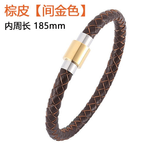 Wholesale Men's Leather Braided Stainless Steel Bracelet JDC-BT-RShen014 Bracelet 日盛 brown 185mm Wholesale Jewelry JoyasDeChina Joyas De China