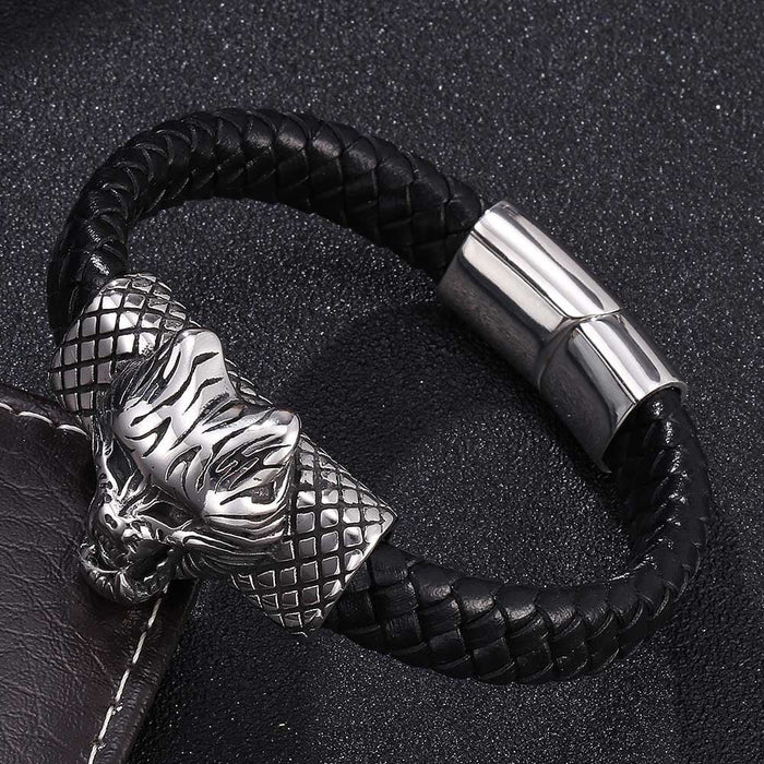 Wholesale Men's Punk Tiger Leopard Stainless Steel Magnet Buckle Leather Bracelet JDC-BT-RShen015 Bracelet 日盛 165mm Wholesale Jewelry JoyasDeChina Joyas De China