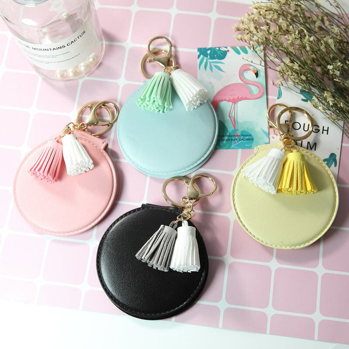 Wholesale Mini Round PU Leather Small Mirror Tassel Makeup Mirror Keychain MOQ≥2 JDC-KC-BenX001 Keychains 本勋 Wholesale Jewelry JoyasDeChina Joyas De China