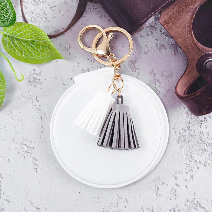 Wholesale Mini Round PU Leather Small Mirror Tassel Makeup Mirror Keychain MOQ≥2 JDC-KC-BenX001 Keychains 本勋 Wholesale Jewelry JoyasDeChina Joyas De China