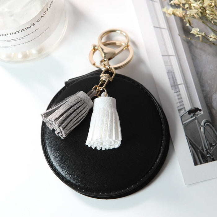 Wholesale Mini Round PU Leather Small Mirror Tassel Makeup Mirror Keychain MOQ≥2 JDC-KC-BenX001 Keychains 本勋 Wholesale Jewelry JoyasDeChina Joyas De China