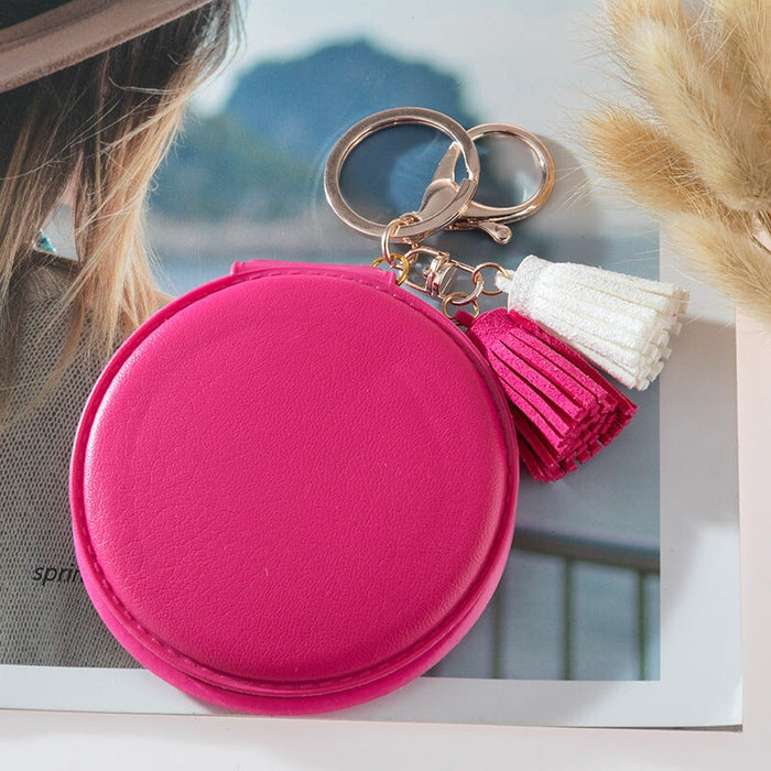 Wholesale Mini Round PU Leather Small Mirror Tassel Makeup Mirror Keychain MOQ≥2 JDC-KC-BenX001 Keychains 本勋 rose red Wholesale Jewelry JoyasDeChina Joyas De China