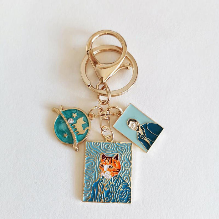 Wholesale Oil Painting Series Alloy Star Keychain Cartoon Cat Sunflower Hanging Buckle Bag Pendant Keychains JoyasDeChina Cats Wholesale Jewelry JoyasDeChina Joyas De China