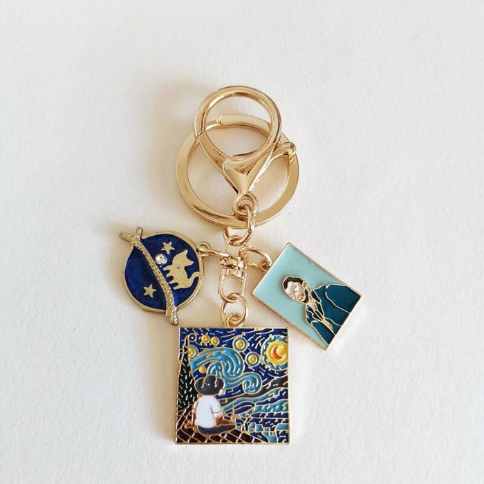 Wholesale Oil Painting Series Alloy Star Keychain Cartoon Cat Sunflower Hanging Buckle Bag Pendant Keychains JoyasDeChina dark blue universe Wholesale Jewelry JoyasDeChina Joyas De China