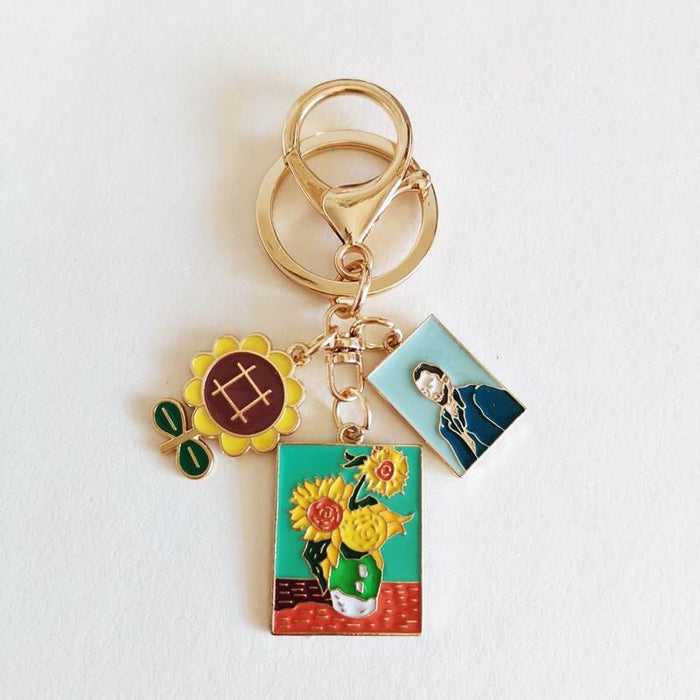 Wholesale Oil Painting Series Alloy Star Keychain Cartoon Cat Sunflower Hanging Buckle Bag Pendant Keychains JoyasDeChina sunflower flowers Wholesale Jewelry JoyasDeChina Joyas De China