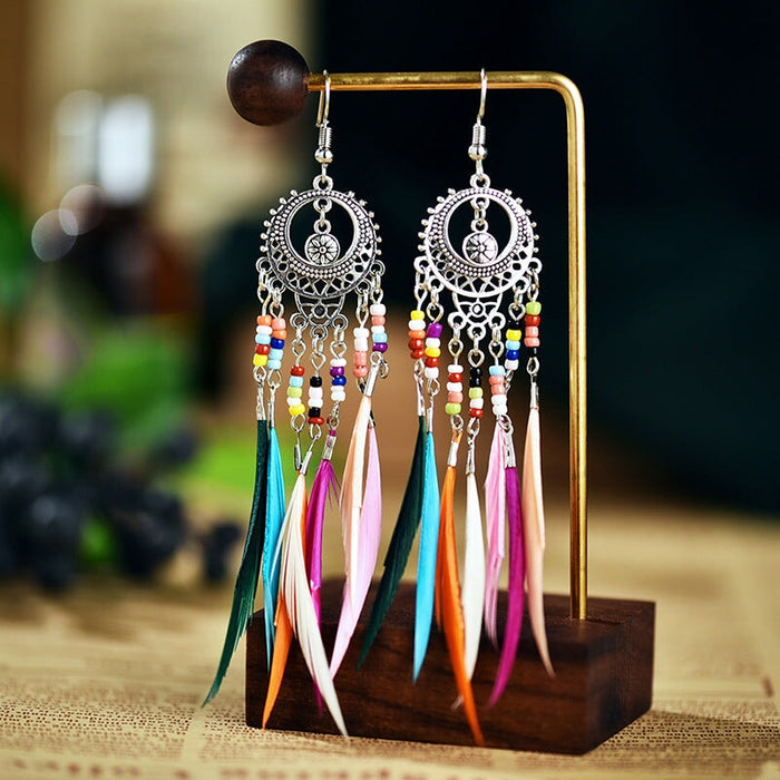 Wholesale Openwork Feather Alloy Rice Beads Tassel Boho Earrings JDC-ES-Daiq006 Earrings 黛茜 Wholesale Jewelry JoyasDeChina Joyas De China