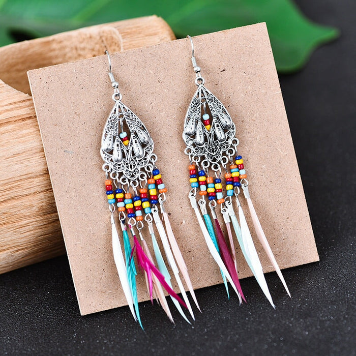 Wholesale Openwork Feather Alloy Rice Beads Tassel Boho Earrings JDC-ES-Daiq006 Earrings 黛茜 DC1456-1 Wholesale Jewelry JoyasDeChina Joyas De China