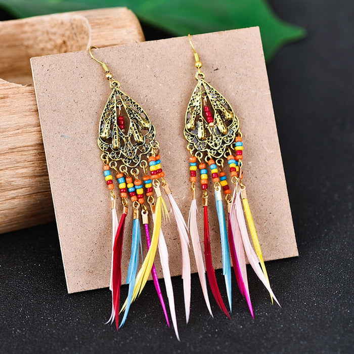 Wholesale Openwork Feather Alloy Rice Beads Tassel Boho Earrings JDC-ES-Daiq006 Earrings 黛茜 DC1456-2 Wholesale Jewelry JoyasDeChina Joyas De China