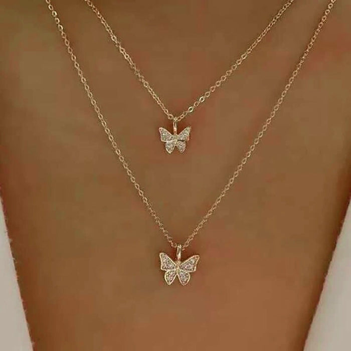 Wholesale rhinestone butterfly double stacked necklace JDC-NE-F037 Necklaces 韩之尚 Wholesale Jewelry JoyasDeChina Joyas De China