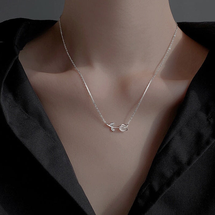 Wholesale s925 Sterling Silver Tulip Necklace Women's Elegant Flower Clavicle Chain Necklaces JoyasDeChina Wholesale Jewelry JoyasDeChina Joyas De China